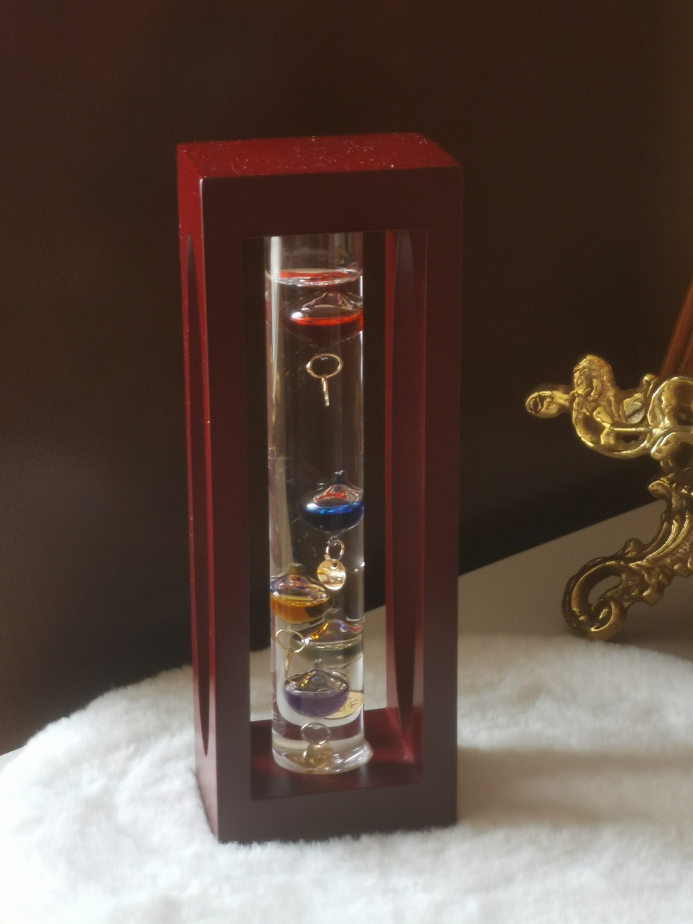 Glass Galileo Thermometer in Red Wooden Frame